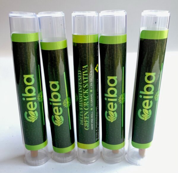 image of green crack sativa pre-rolls standing vertically next to each other