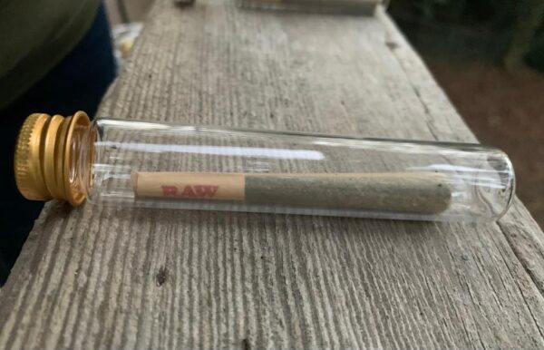 image of a single hemp pre roll in glass tube on a wooden surface
